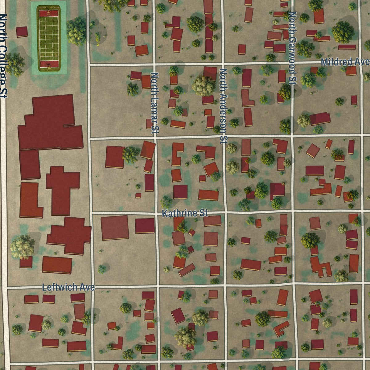 Close-up of the map of Texico, New Mexico print showing street and building detail