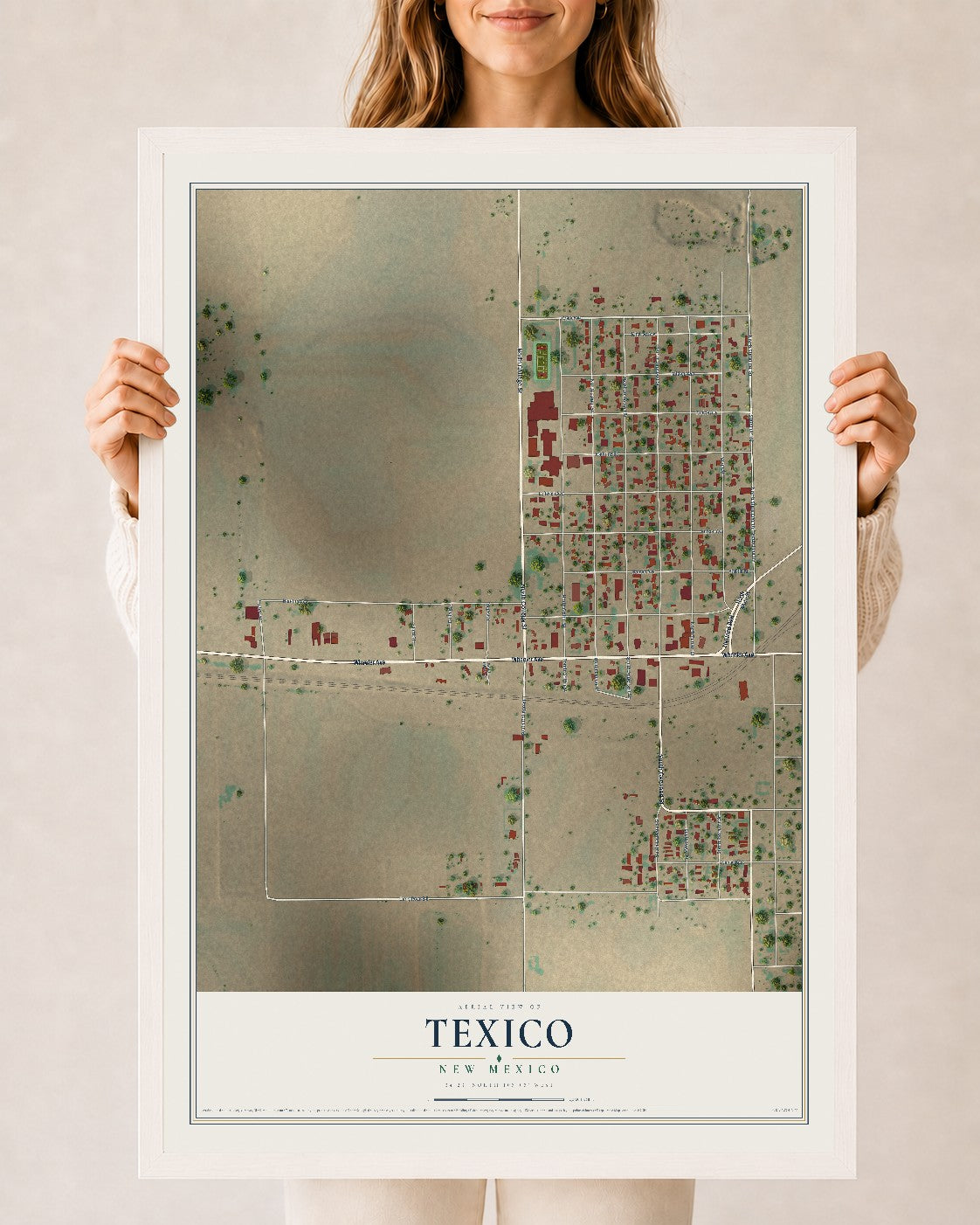 Map of Texico, New Mexico, 24 x 36 inch print in a white wood frame