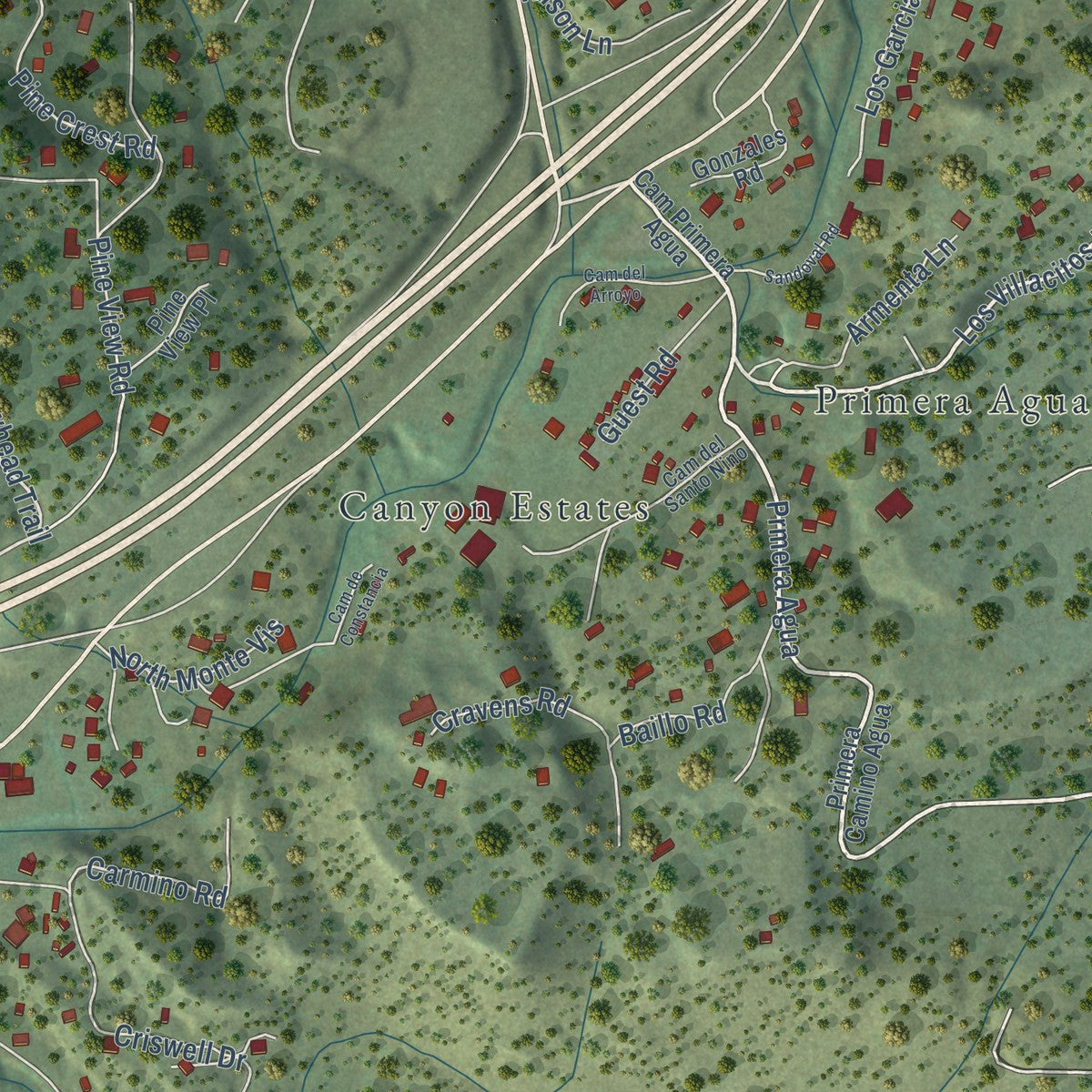 Close-up of the map of Tijeras, New Mexico print showing street and building detail
