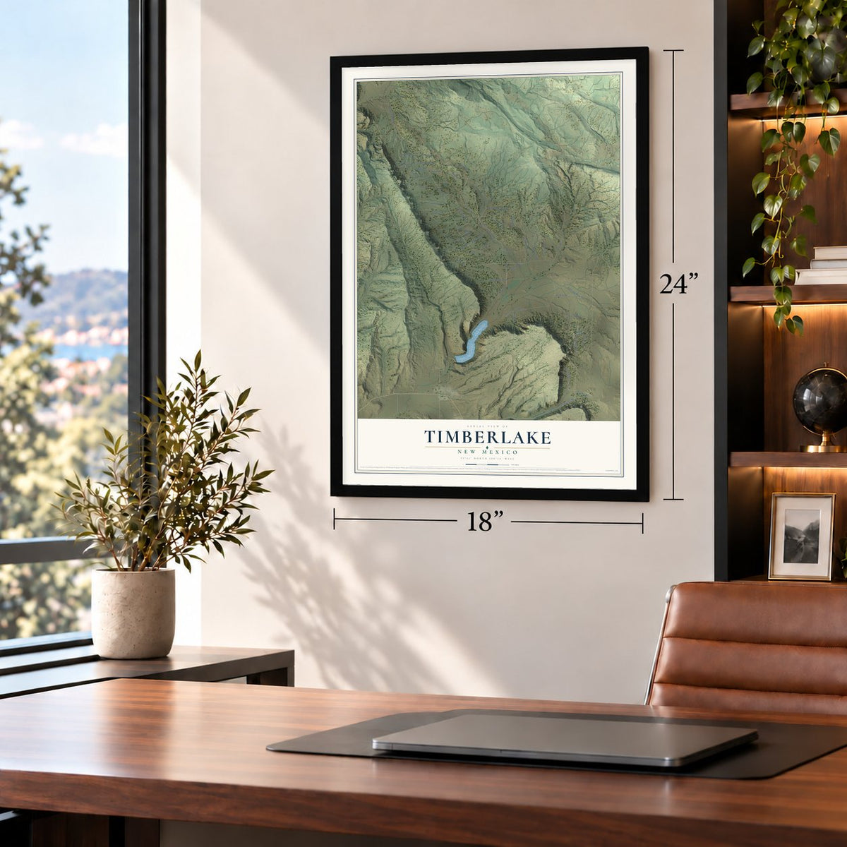 Timberlake, New Mexico map, 18 x 24 inch print in a black frame in a home office