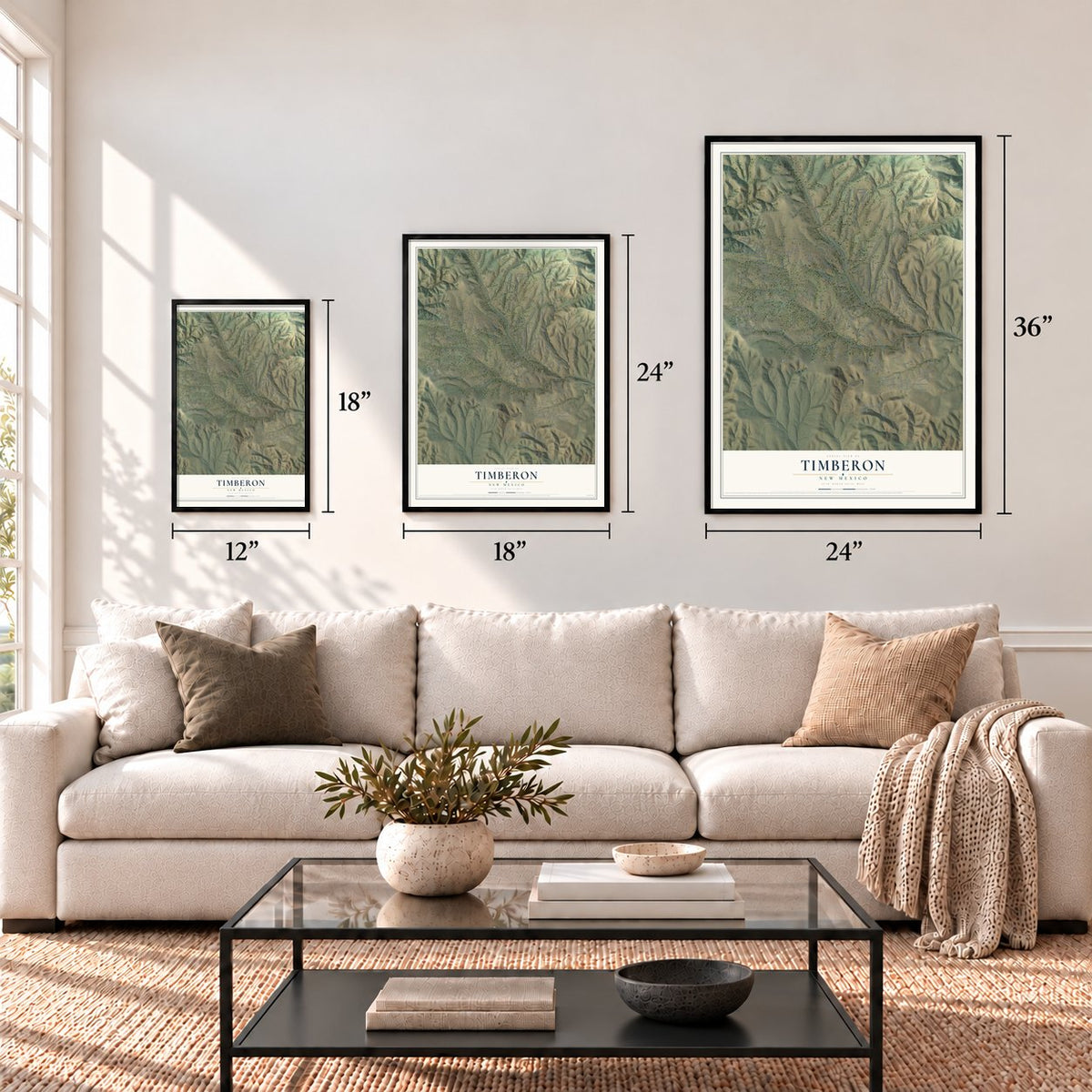 Timberon, New Mexico map in 12 x 18, 18 x 24 and 24 x 36 inch sizes above a sofa