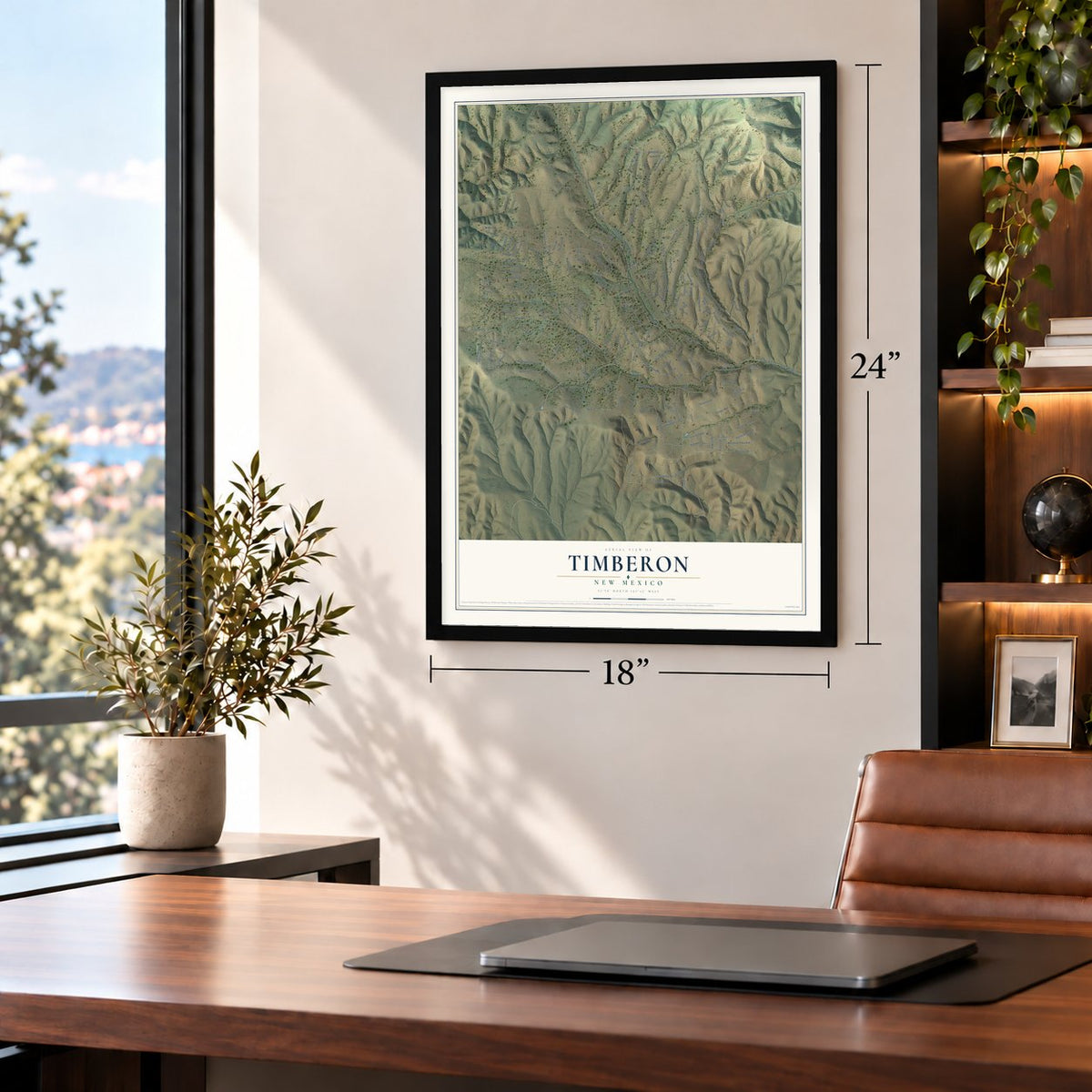 Timberon, New Mexico map, 18 x 24 inch print in a black frame in a home office