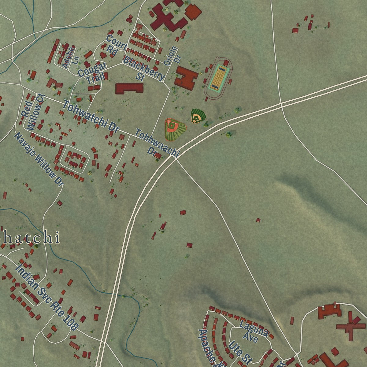 Close-up of the map of Tohatchi, New Mexico print showing street and building detail