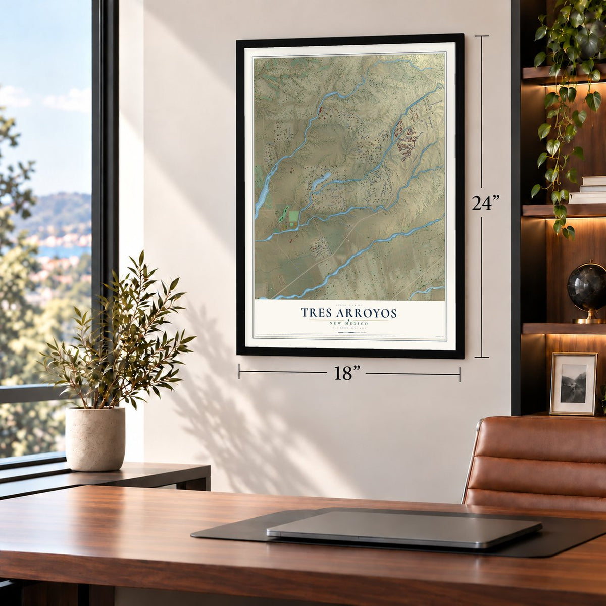 Tres Arroyos, New Mexico map, 18 x 24 inch print in a black frame in a home office