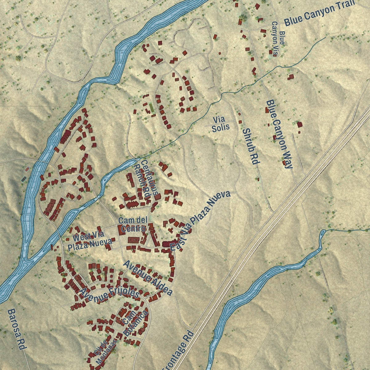 Close-up of the map of Tres Arroyos, New Mexico print showing street and building detail