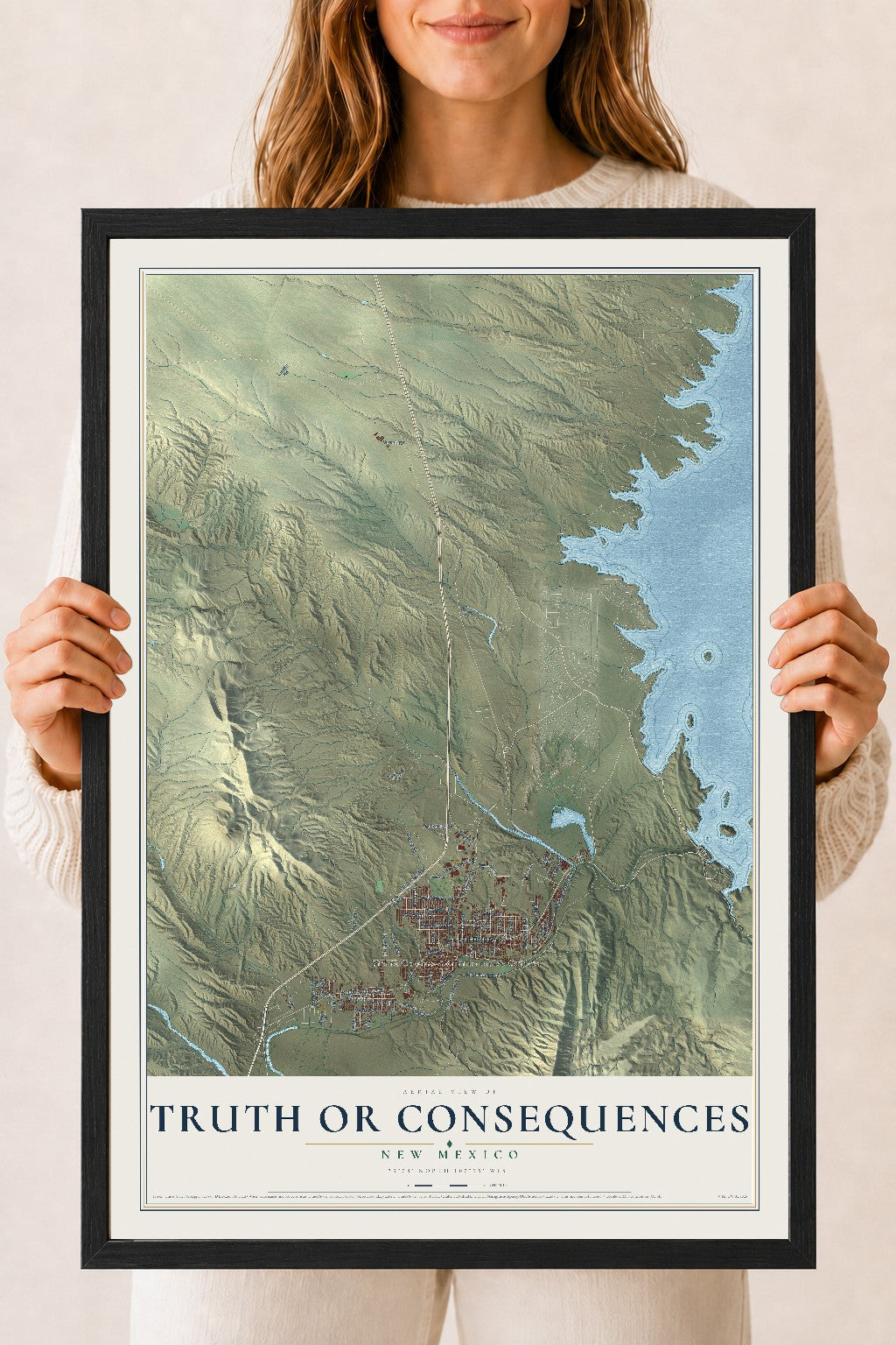 Map of Truth or Consequences, New Mexico, 18 x 24 inch print in a black wood frame