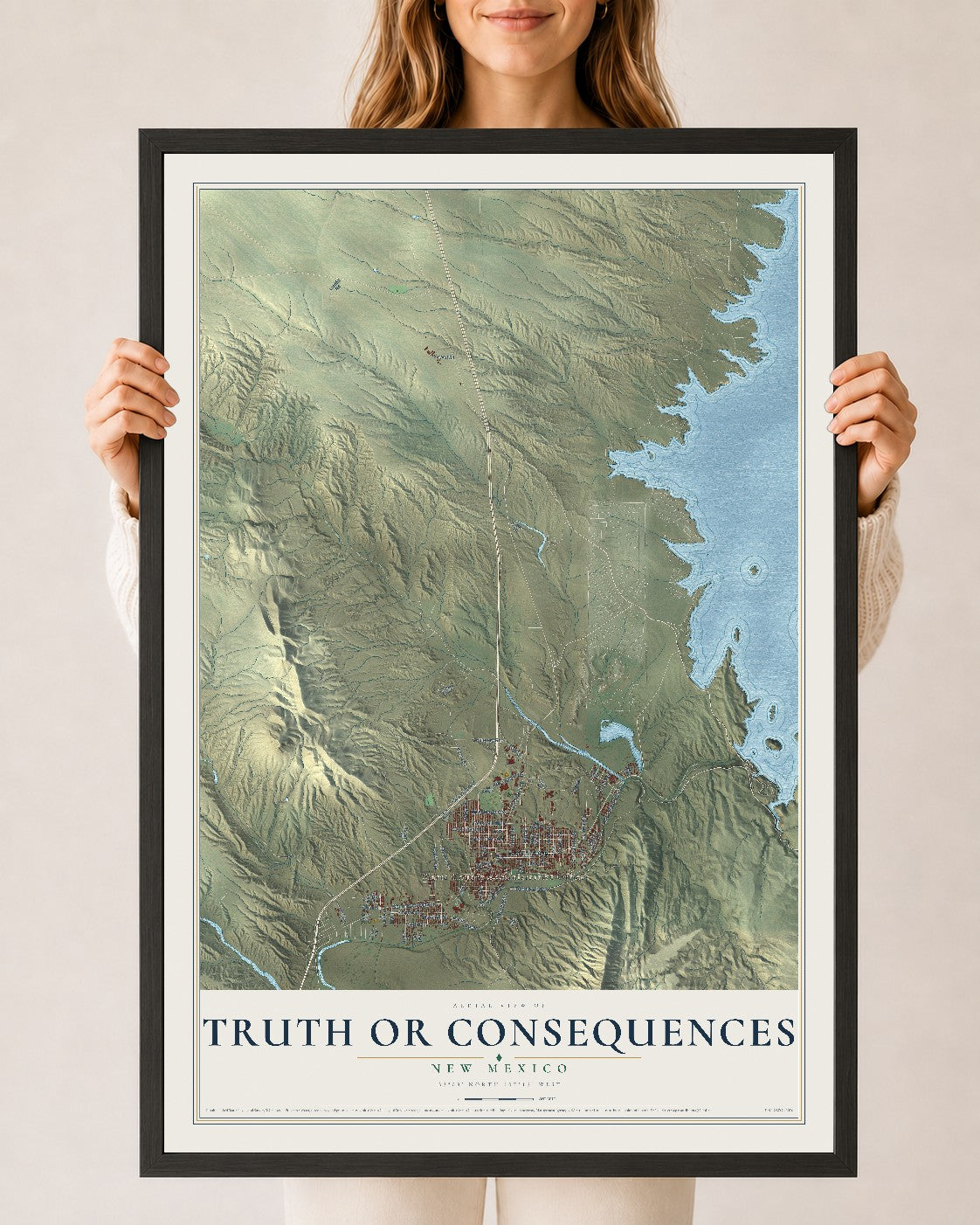 Map of Truth or Consequences, New Mexico, 24 x 36 inch print in a black wood frame