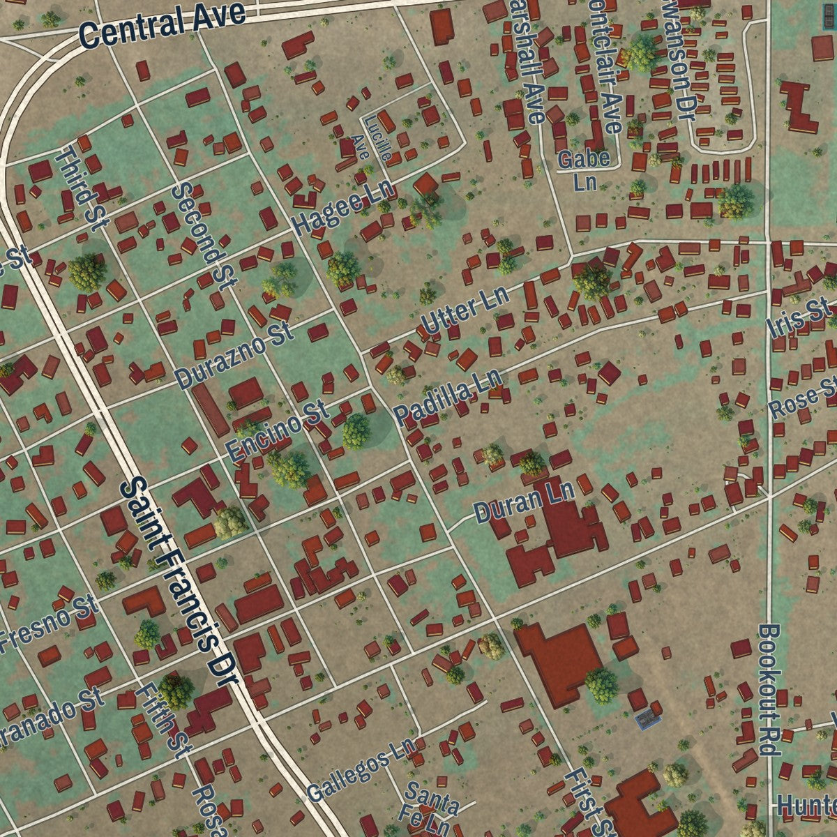 Close-up of the map of Tularosa, New Mexico print showing street and building detail