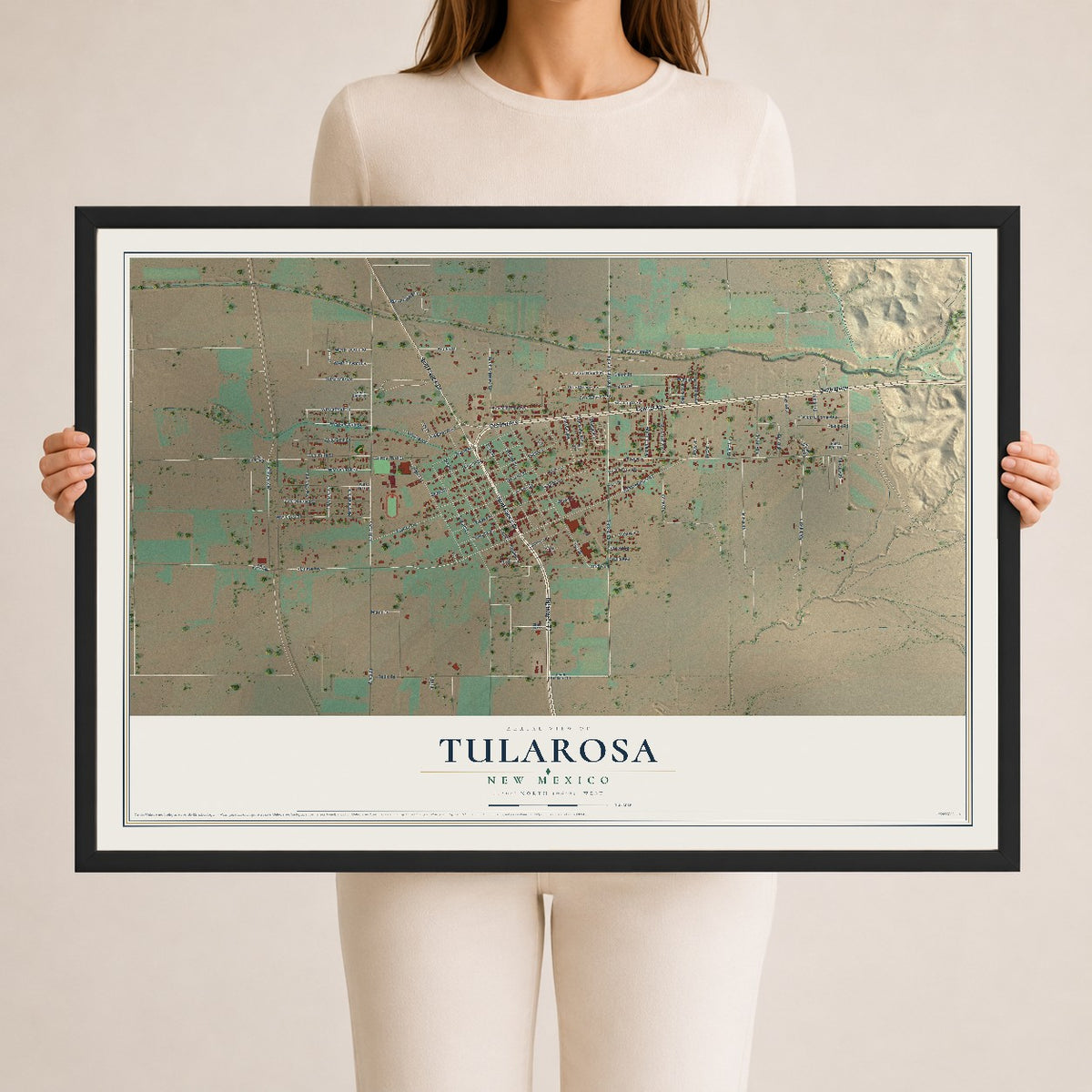 Map of Tularosa, New Mexico, 24 x 36 inch print in a black wood frame