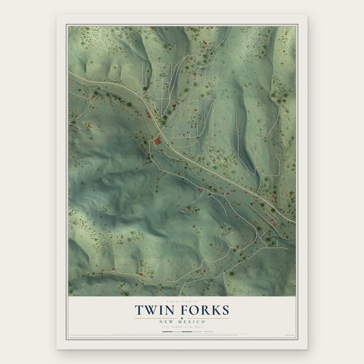 Twin Forks, New Mexico map print, the full design