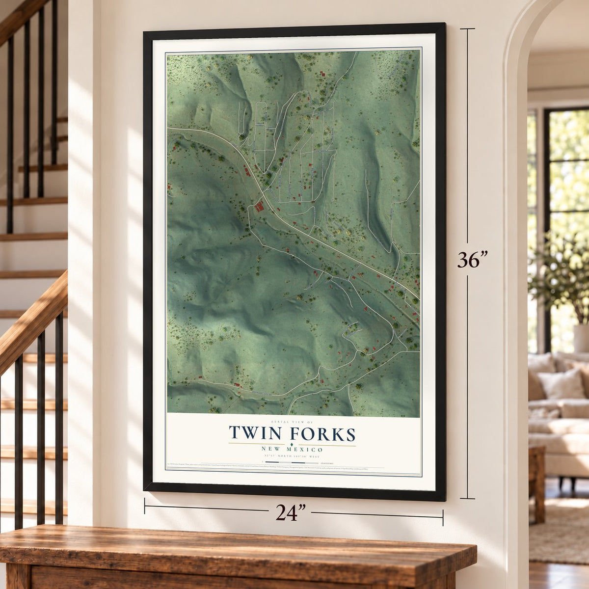 Twin Forks, New Mexico map, 24 x 36 inch print in a black frame by a staircase