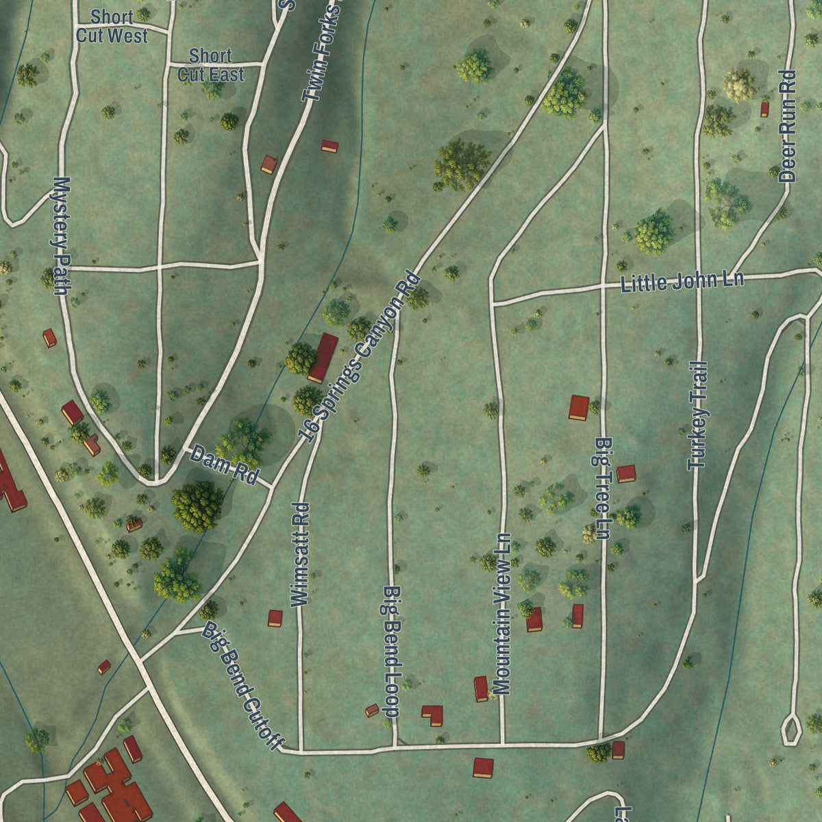 Close-up of the map of Twin Forks, New Mexico print showing street and building detail
