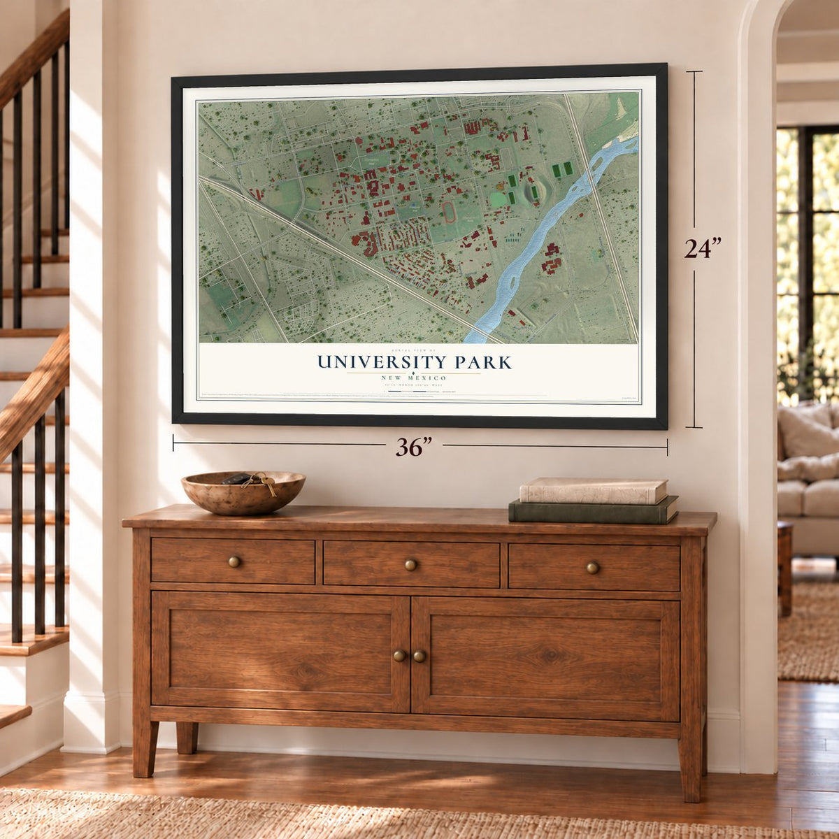 University Park, New Mexico map, 24 x 36 inch print in a black frame above a dresser by a staircase