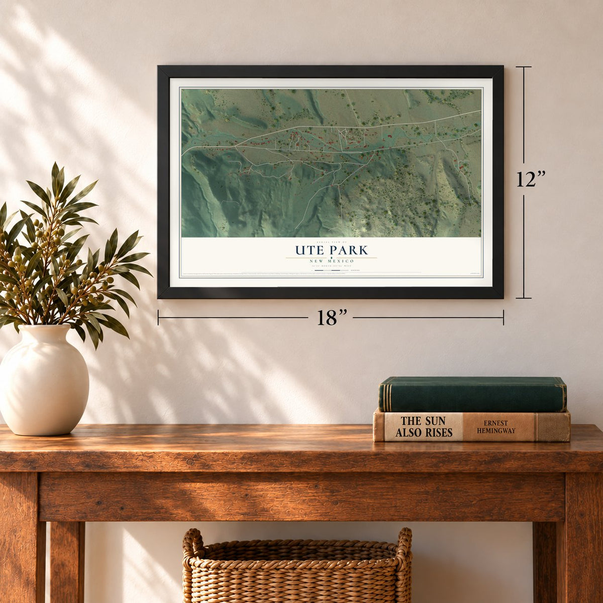 Ute Park, New Mexico map, 12 x 18 inch print in a black frame in an entryway