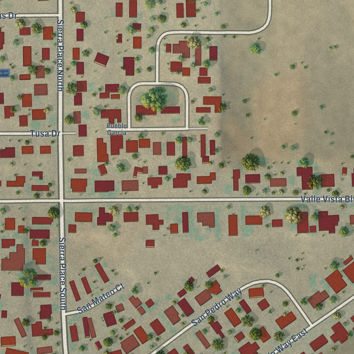 Close-up of the map of Valle Vista, New Mexico print showing street and building detail