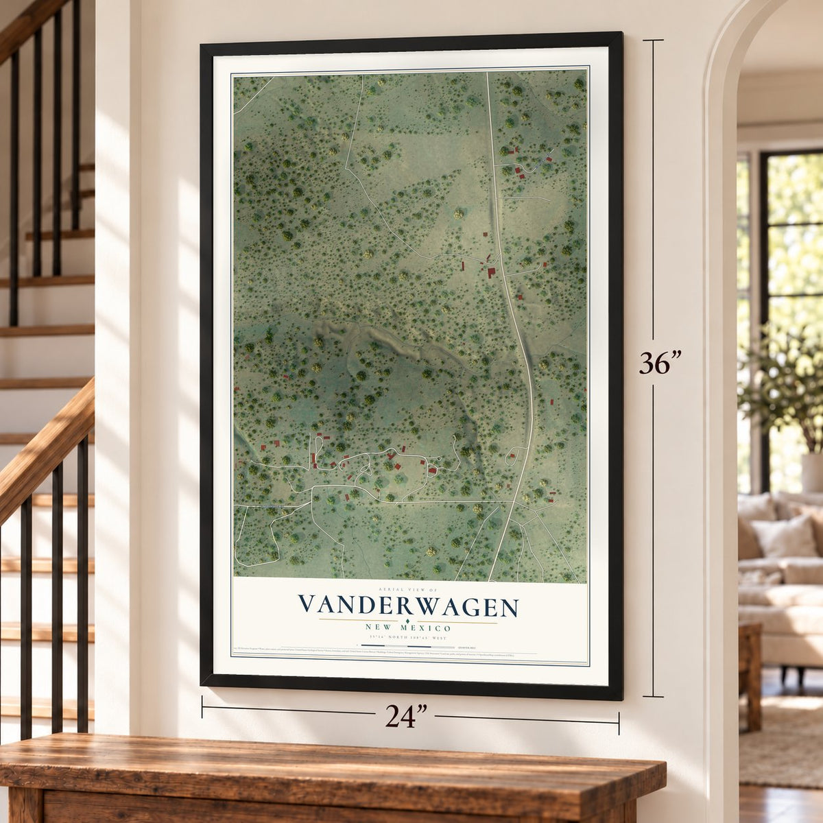 Vanderwagen, New Mexico map, 24 x 36 inch print in a black frame by a staircase