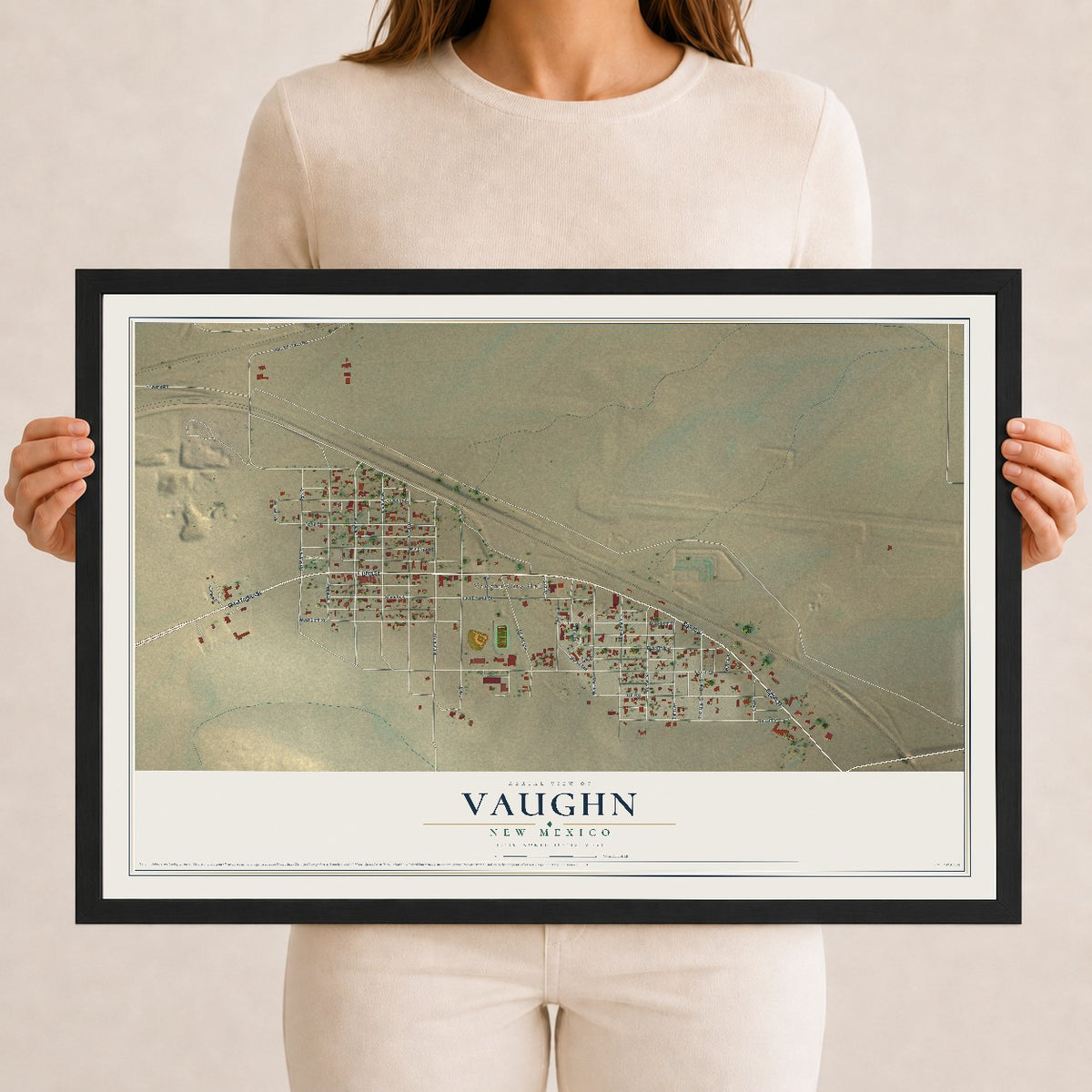 Map of Vaughn, New Mexico, 12 x 18 inch print in a black wood frame