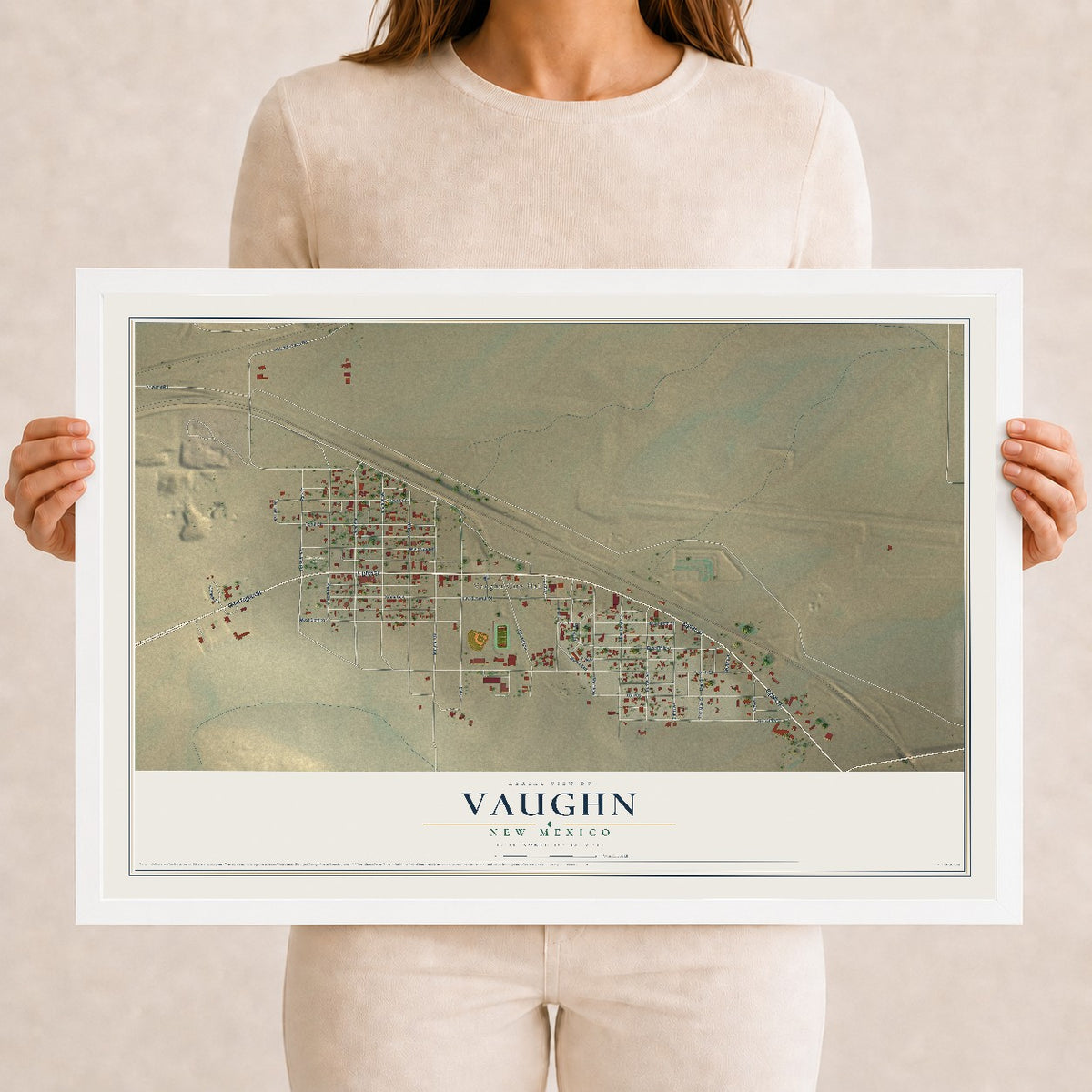 Map of Vaughn, New Mexico, 12 x 18 inch print in a white wood frame