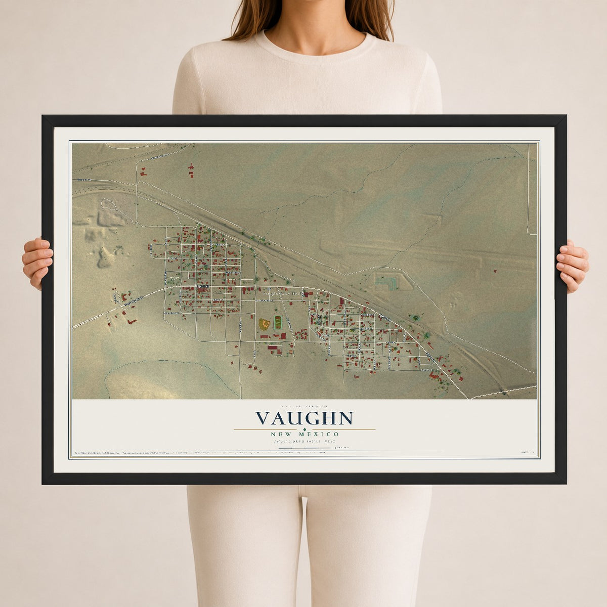 Map of Vaughn, New Mexico, 24 x 36 inch print in a black wood frame