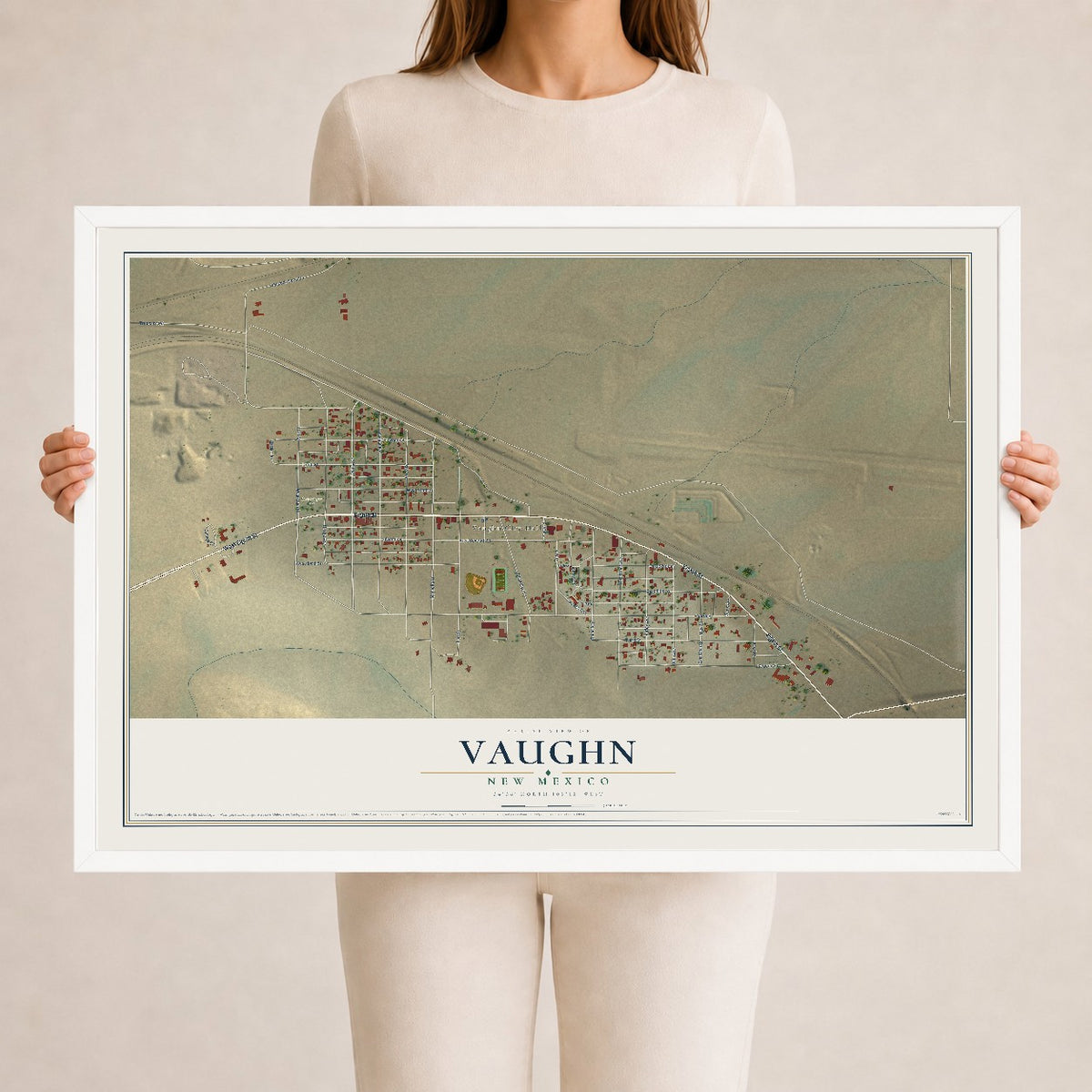 Map of Vaughn, New Mexico, 24 x 36 inch print in a white wood frame