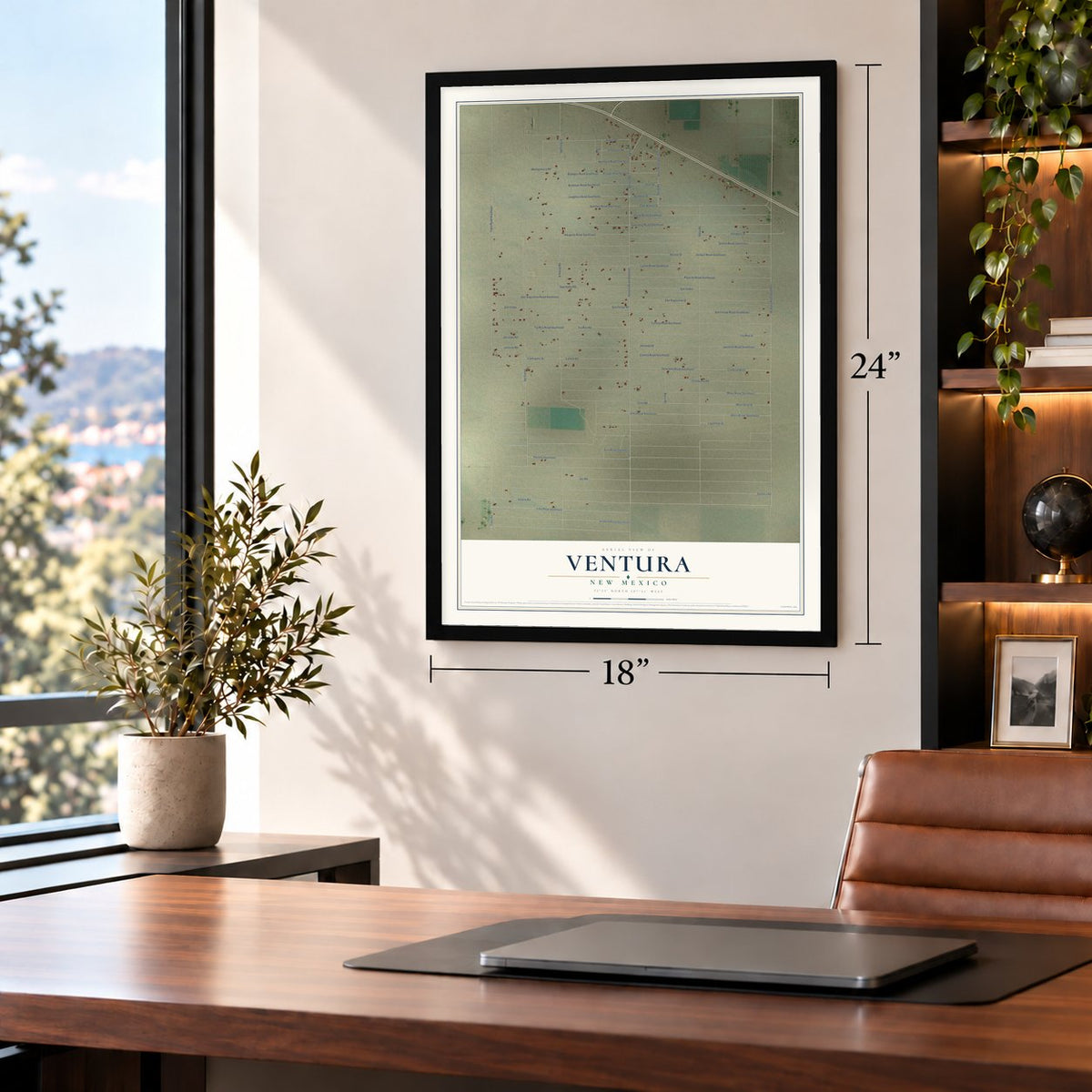 Ventura, New Mexico map, 18 x 24 inch print in a black frame in a home office