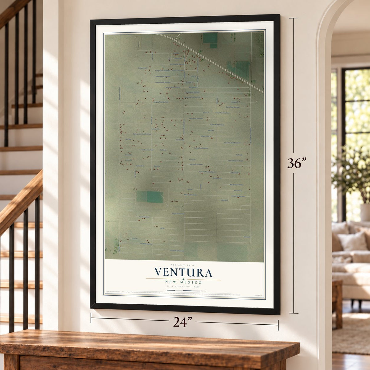 Ventura, New Mexico map, 24 x 36 inch print in a black frame by a staircase