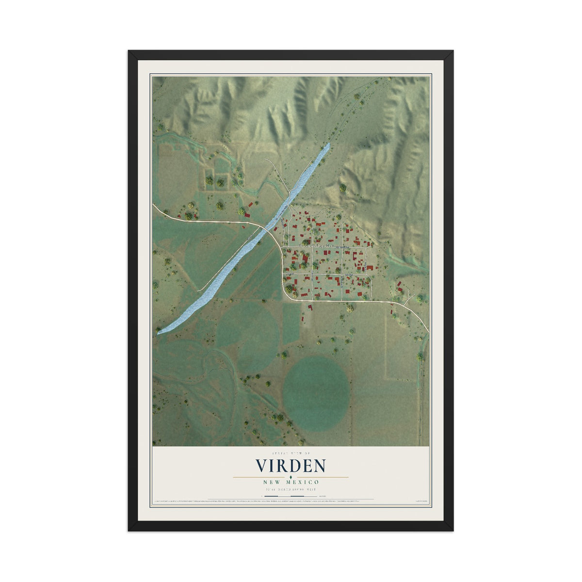 Map of Virden, New Mexico, 12 x 18 inch print in a black wood frame