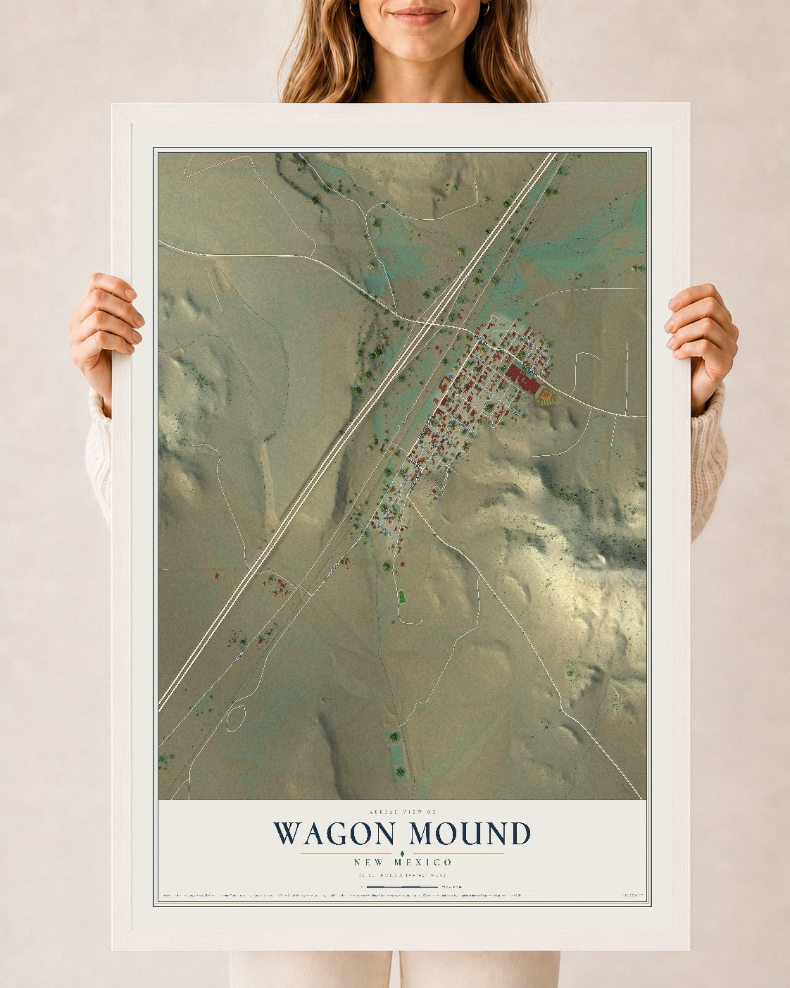 Map of Wagon Mound, New Mexico, 24 x 36 inch print in a white wood frame