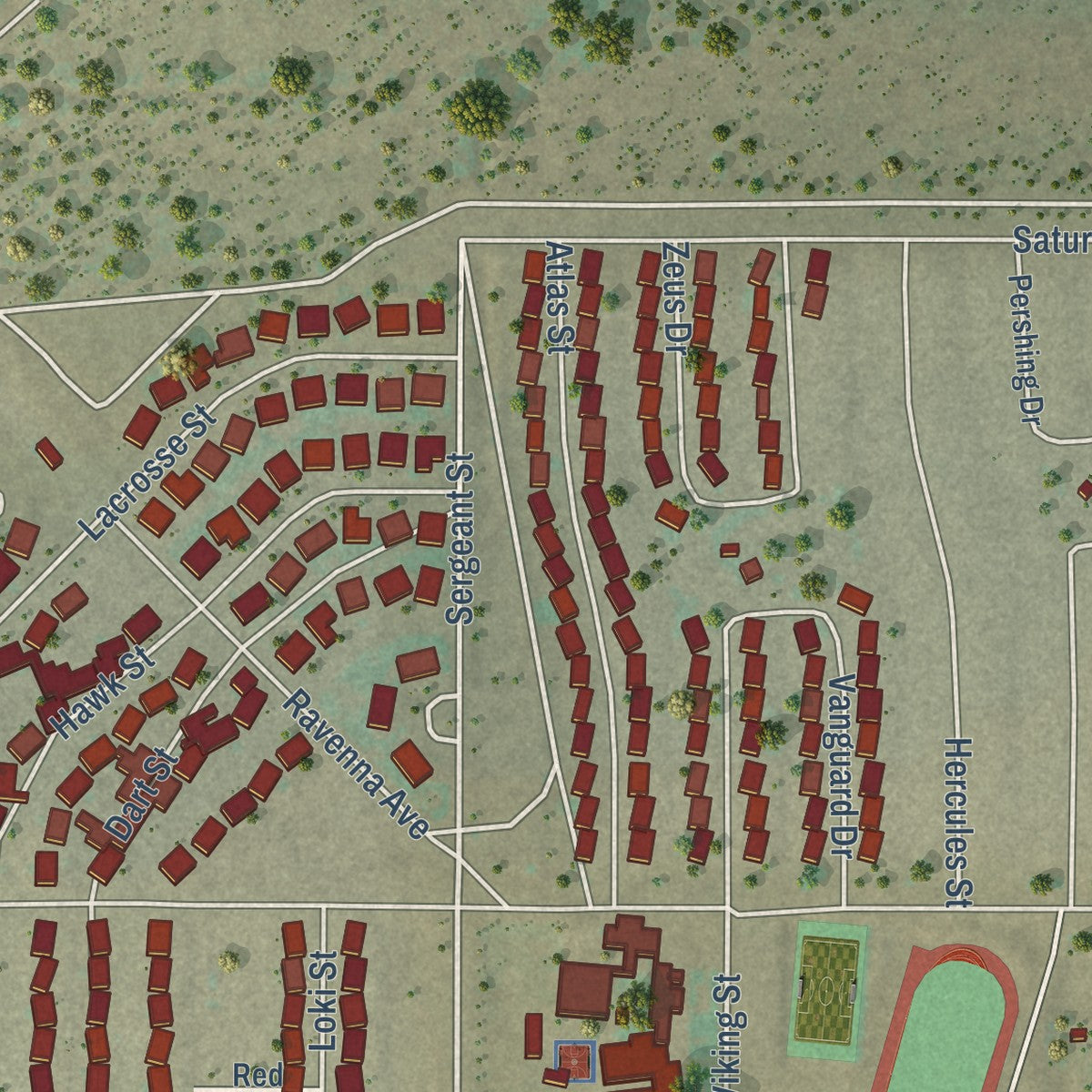 Close-up of the map of White Sands, New Mexico print showing street and building detail