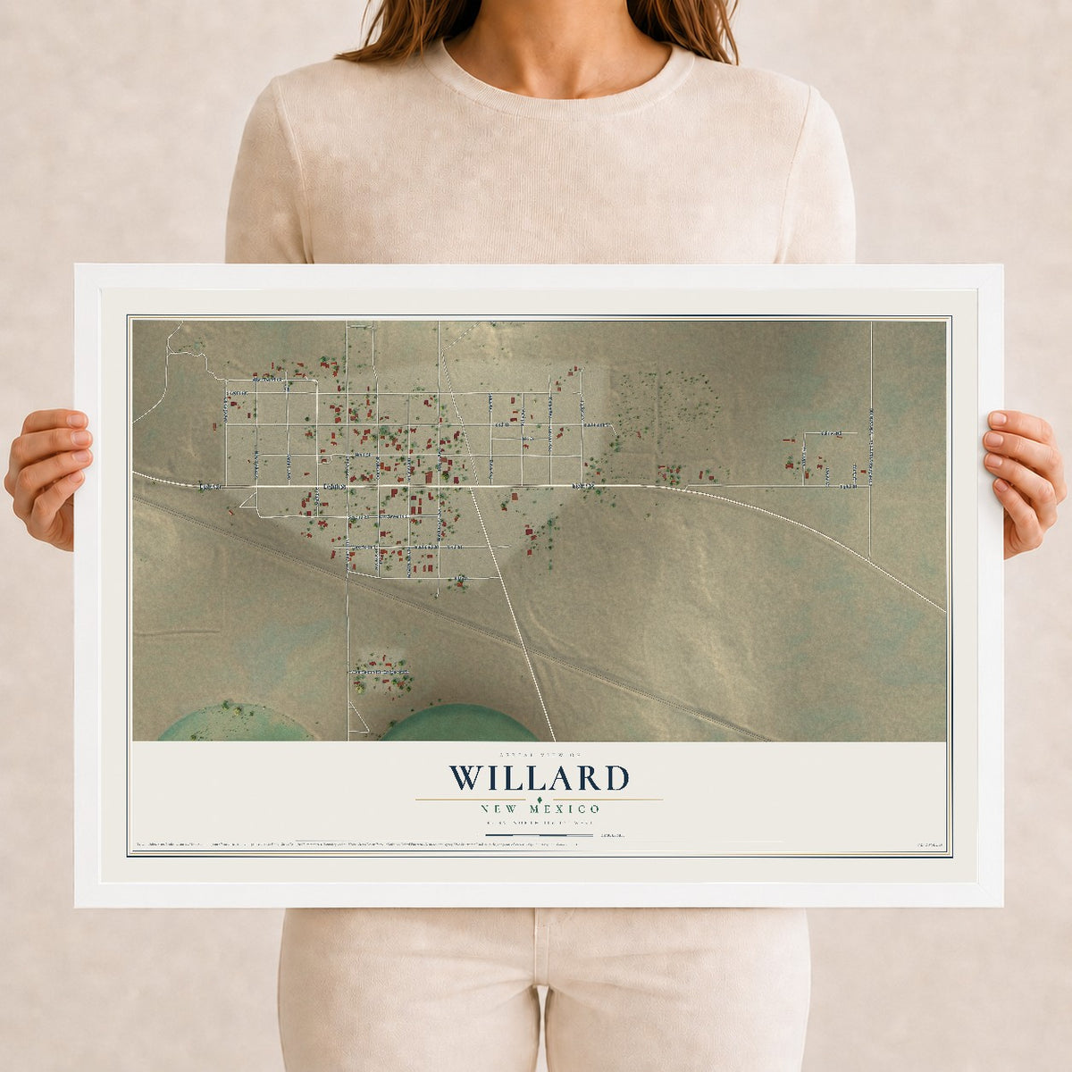 Map of Willard, New Mexico, 12 x 18 inch print in a white wood frame
