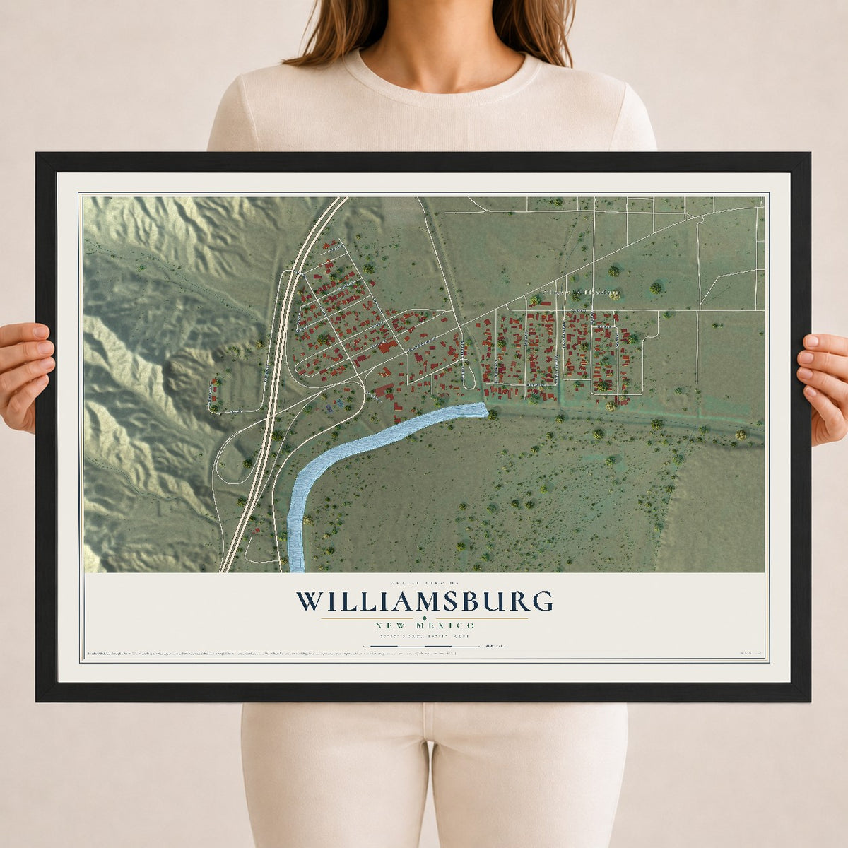 Map of Williamsburg, New Mexico, 18 x 24 inch print in a black wood frame