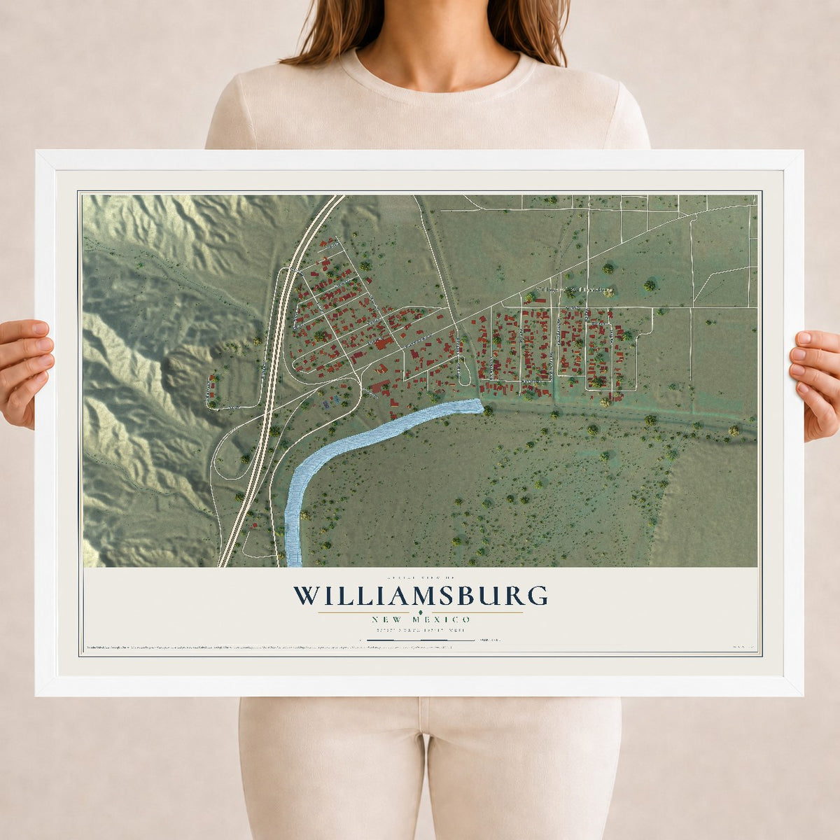 Map of Williamsburg, New Mexico, 18 x 24 inch print in a white wood frame