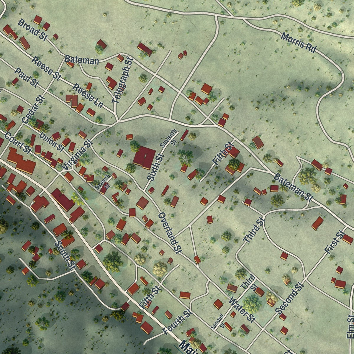 Close-up of the map of Austin, Nevada print showing street and building detail