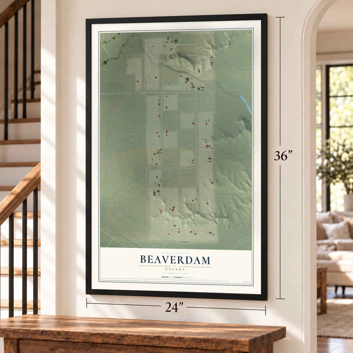 Beaverdam, Nevada map, 24 x 36 inch print in a black frame by a staircase