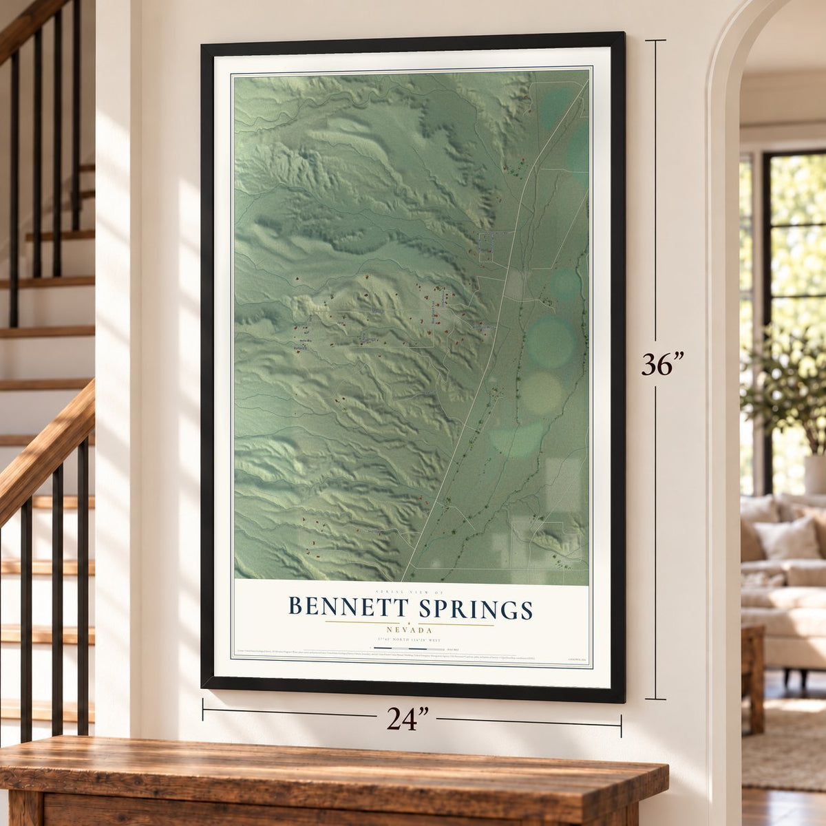 Bennett Springs, Nevada map, 24 x 36 inch print in a black frame by a staircase