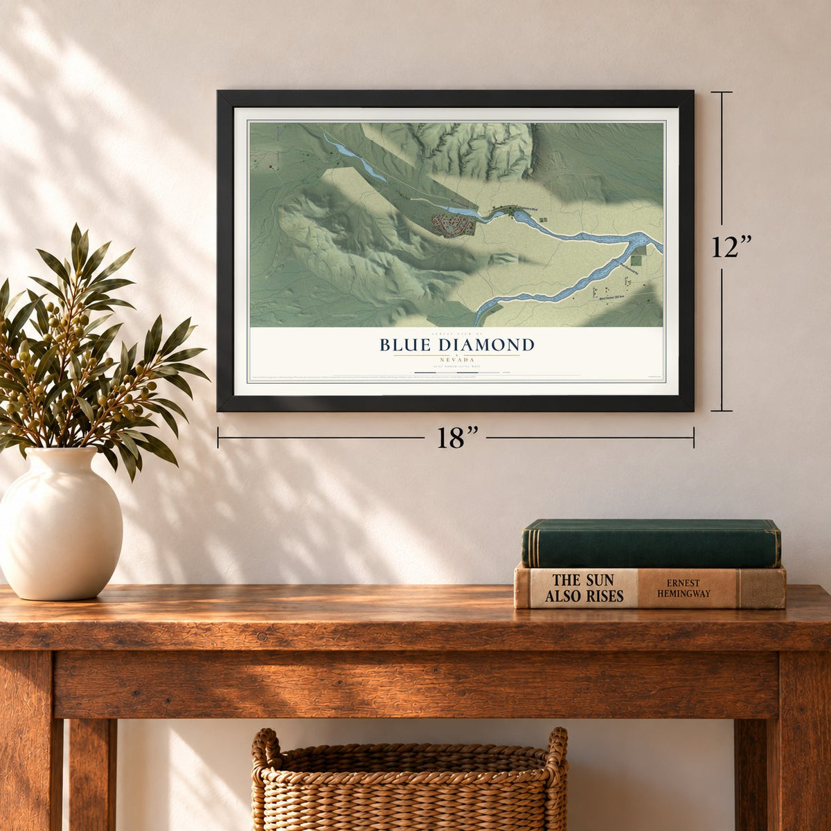 Blue Diamond, Nevada map, 12 x 18 inch print in a black frame in an entryway