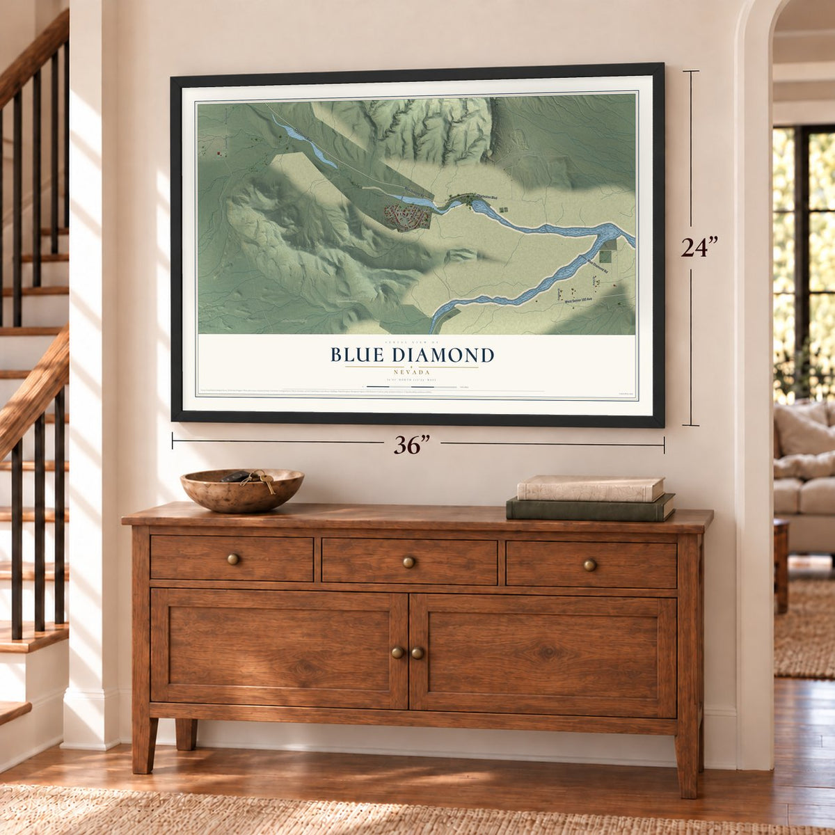Blue Diamond, Nevada map, 24 x 36 inch print in a black frame above a dresser by a staircase