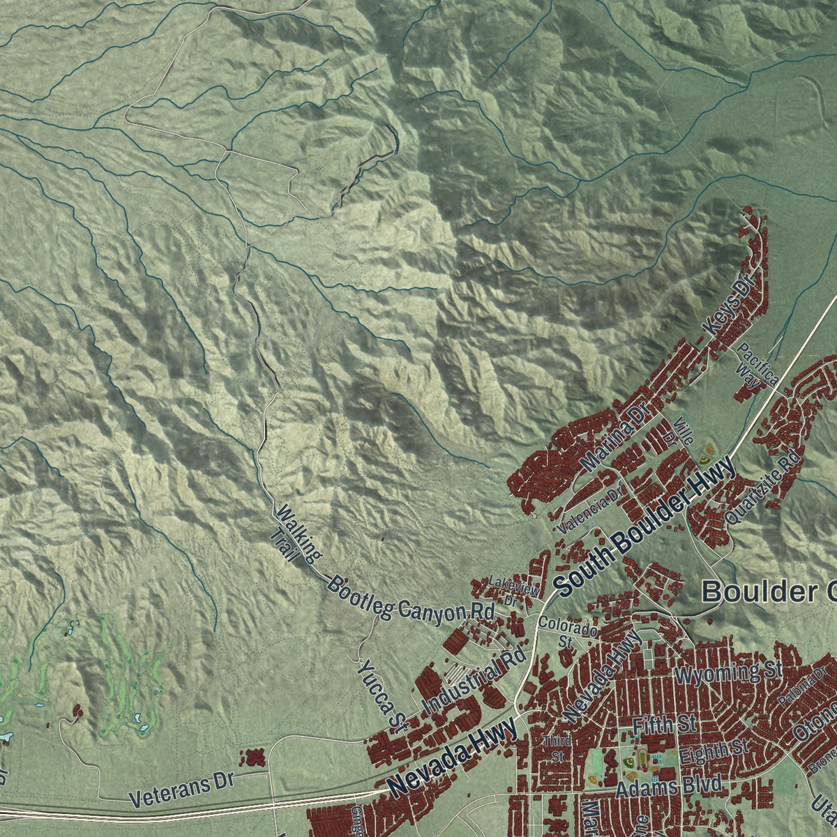 Close-up of the map of Boulder City, Nevada print showing street and building detail