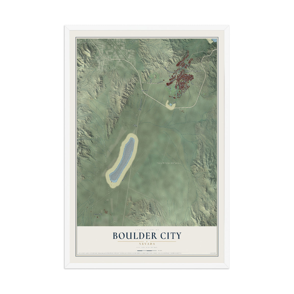 Map of Boulder City, Nevada, 12 x 18 inch print in a white wood frame