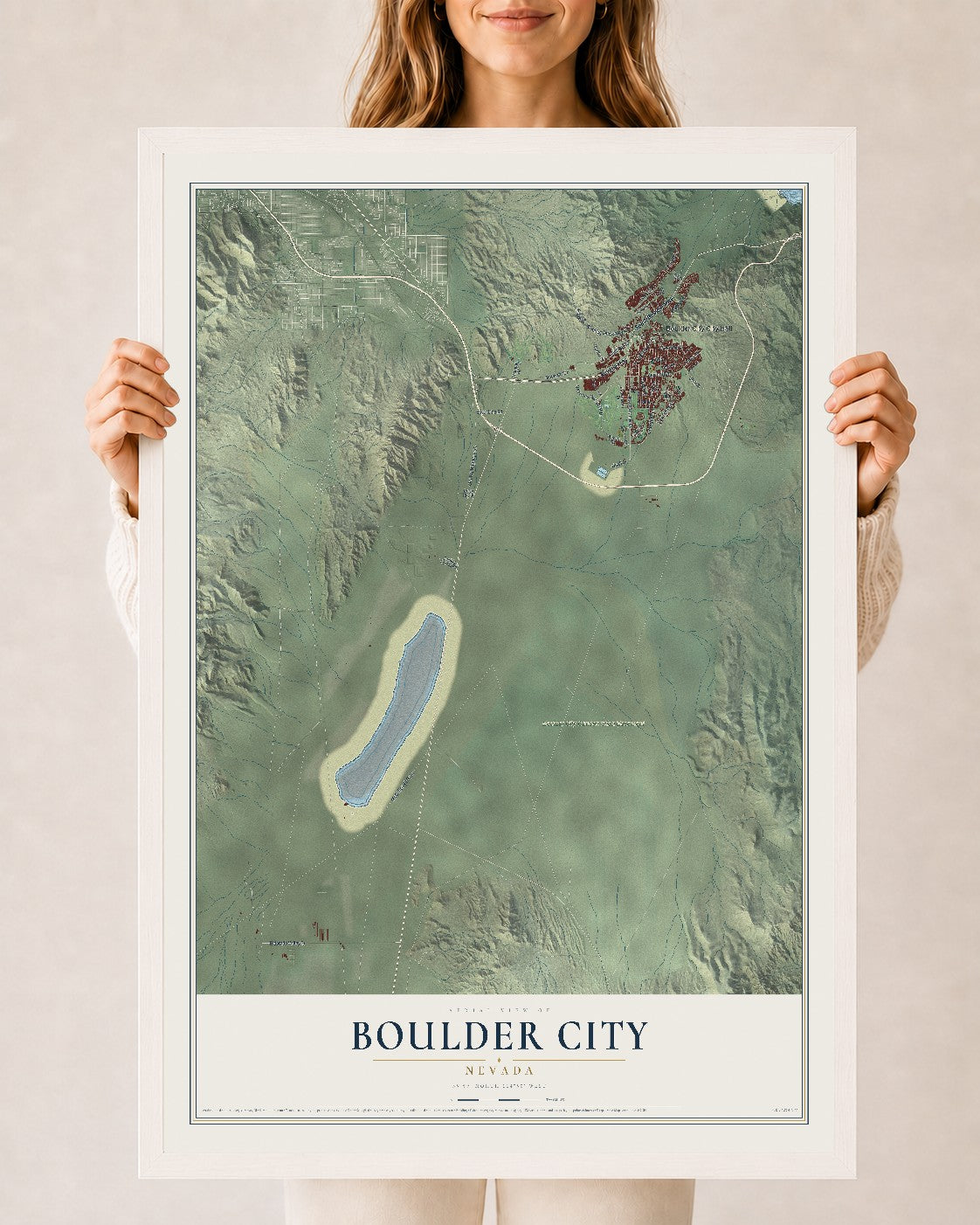 Map of Boulder City, Nevada, 24 x 36 inch print in a white wood frame