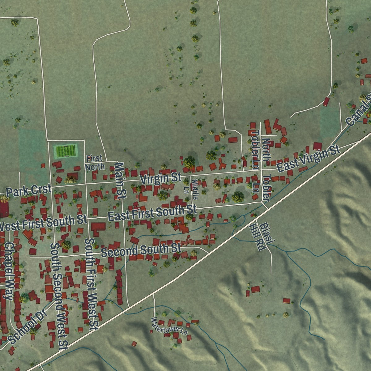 Close-up of the map of Bunkerville, Nevada print showing street and building detail