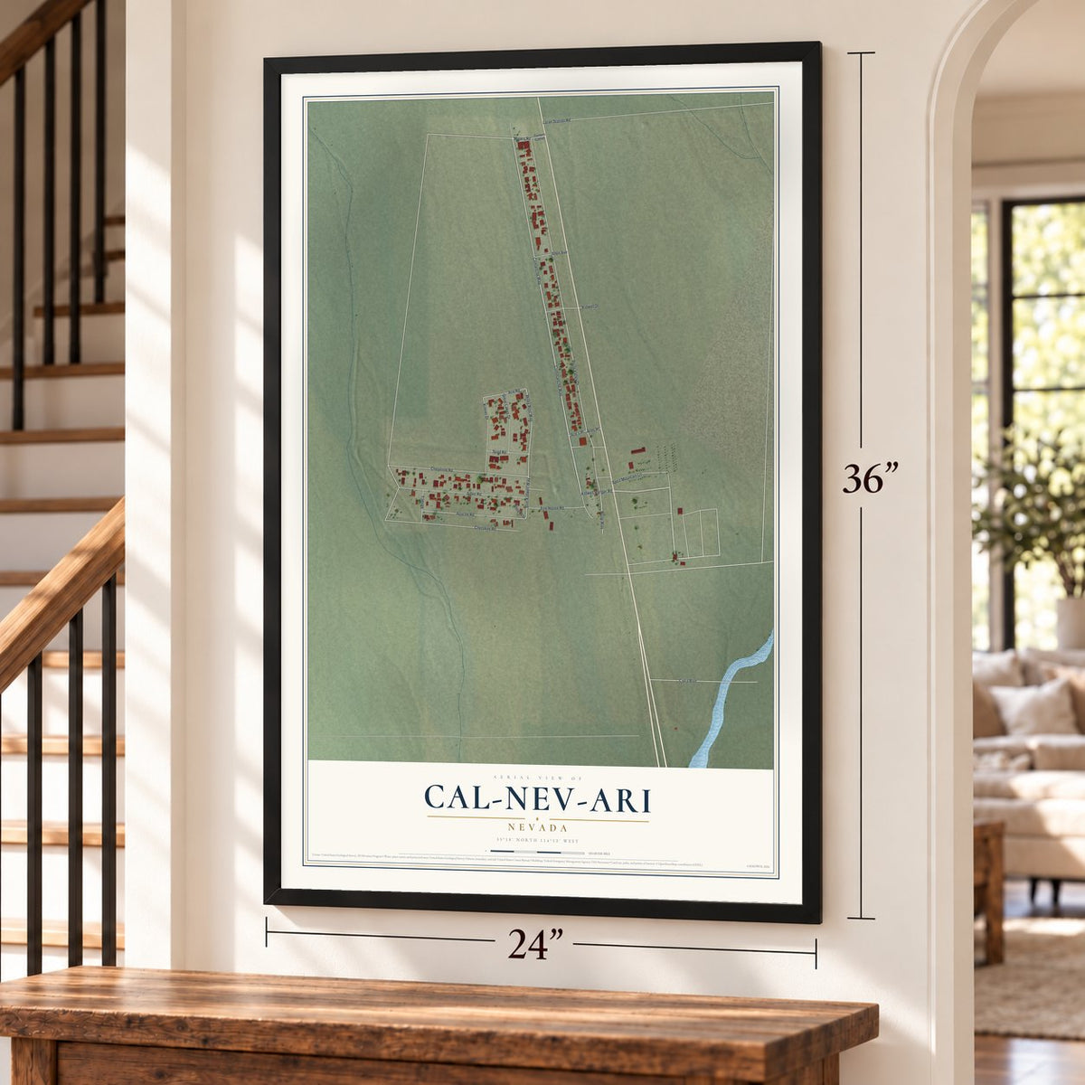 Cal-Nev-Ari, Nevada map, 24 x 36 inch print in a black frame by a staircase