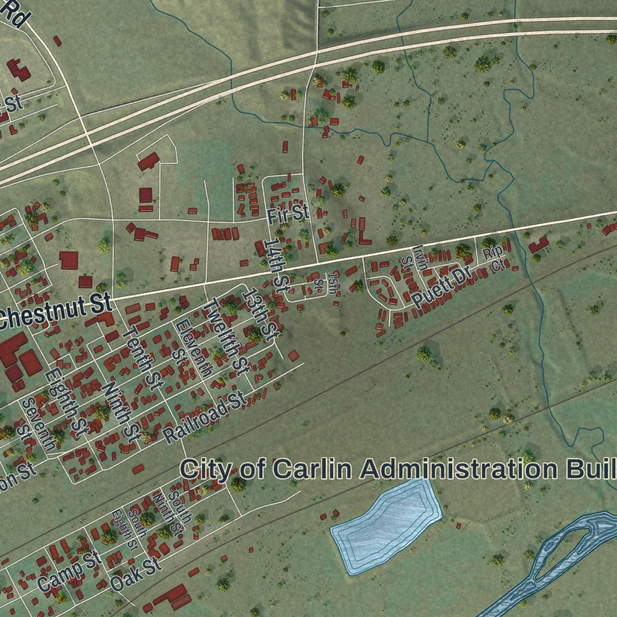 Close-up of the map of Carlin, Nevada print showing street and building detail