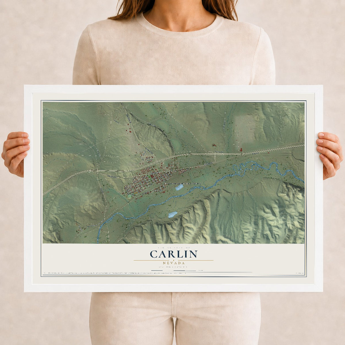Map of Carlin, Nevada, 12 x 18 inch print in a white wood frame