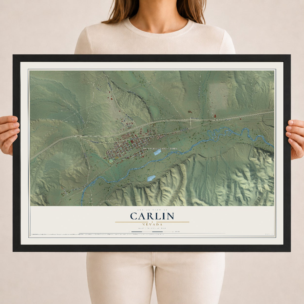 Map of Carlin, Nevada, 18 x 24 inch print in a black wood frame