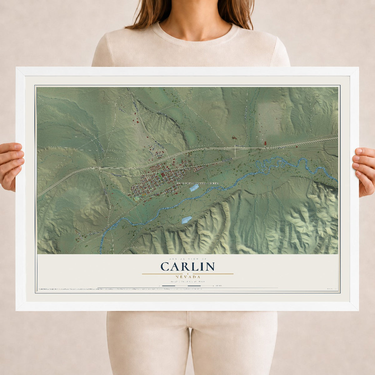 Map of Carlin, Nevada, 18 x 24 inch print in a white wood frame