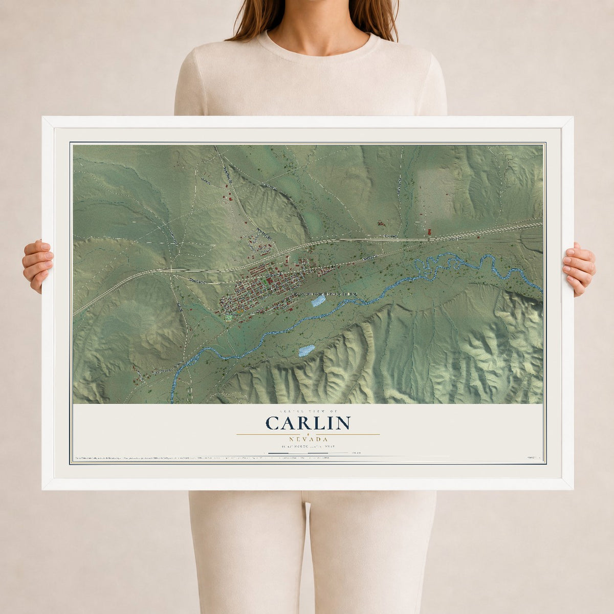 Map of Carlin, Nevada, 24 x 36 inch print in a white wood frame
