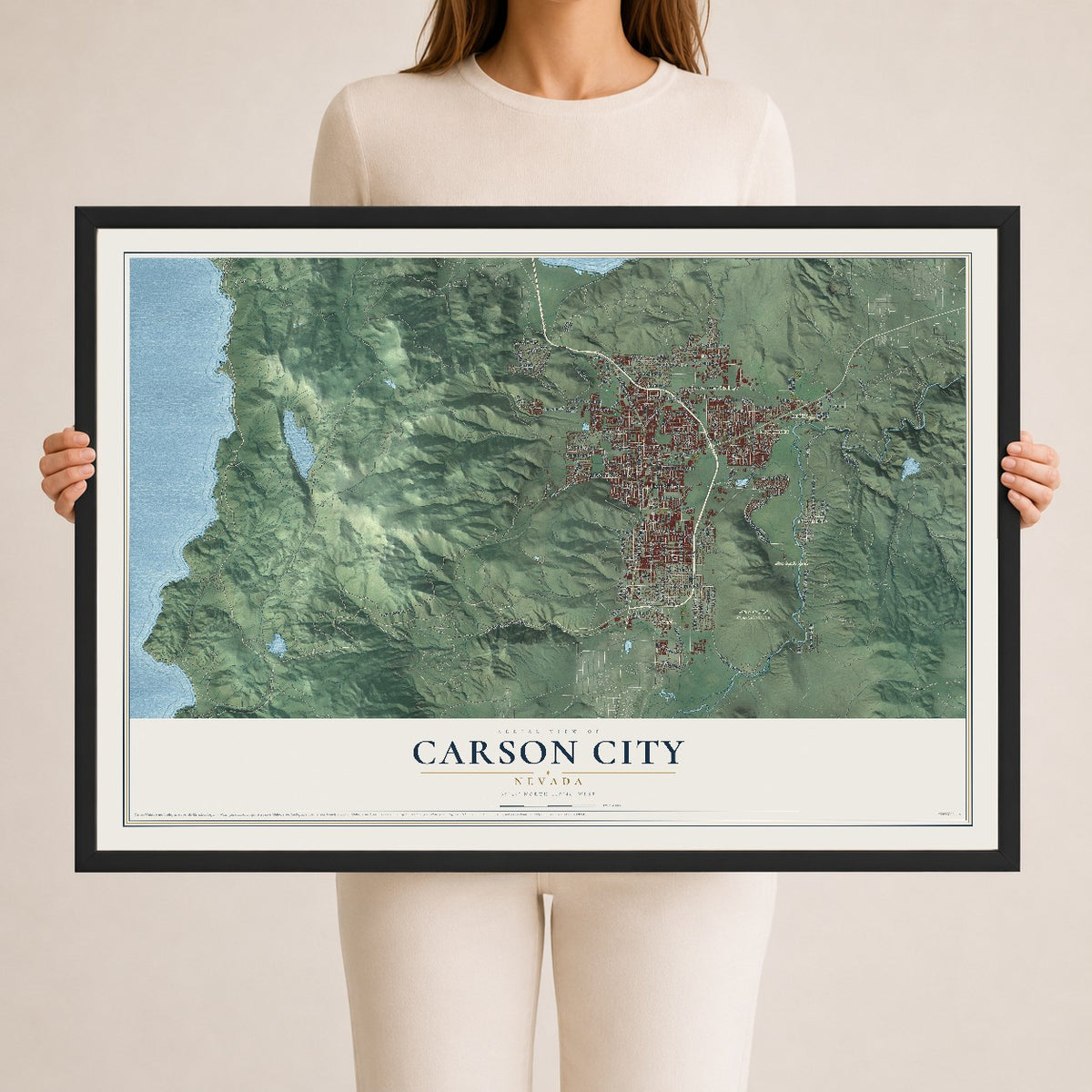 Map of Carson City, Nevada, 24 x 36 inch print in a black wood frame