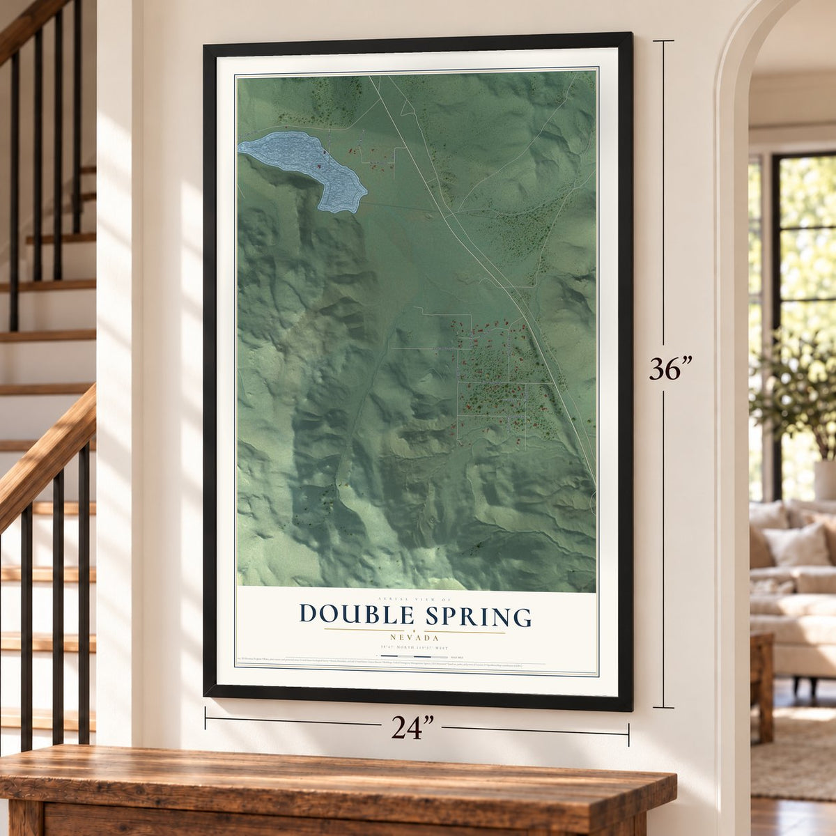 Double Spring, Nevada map, 24 x 36 inch print in a black frame by a staircase
