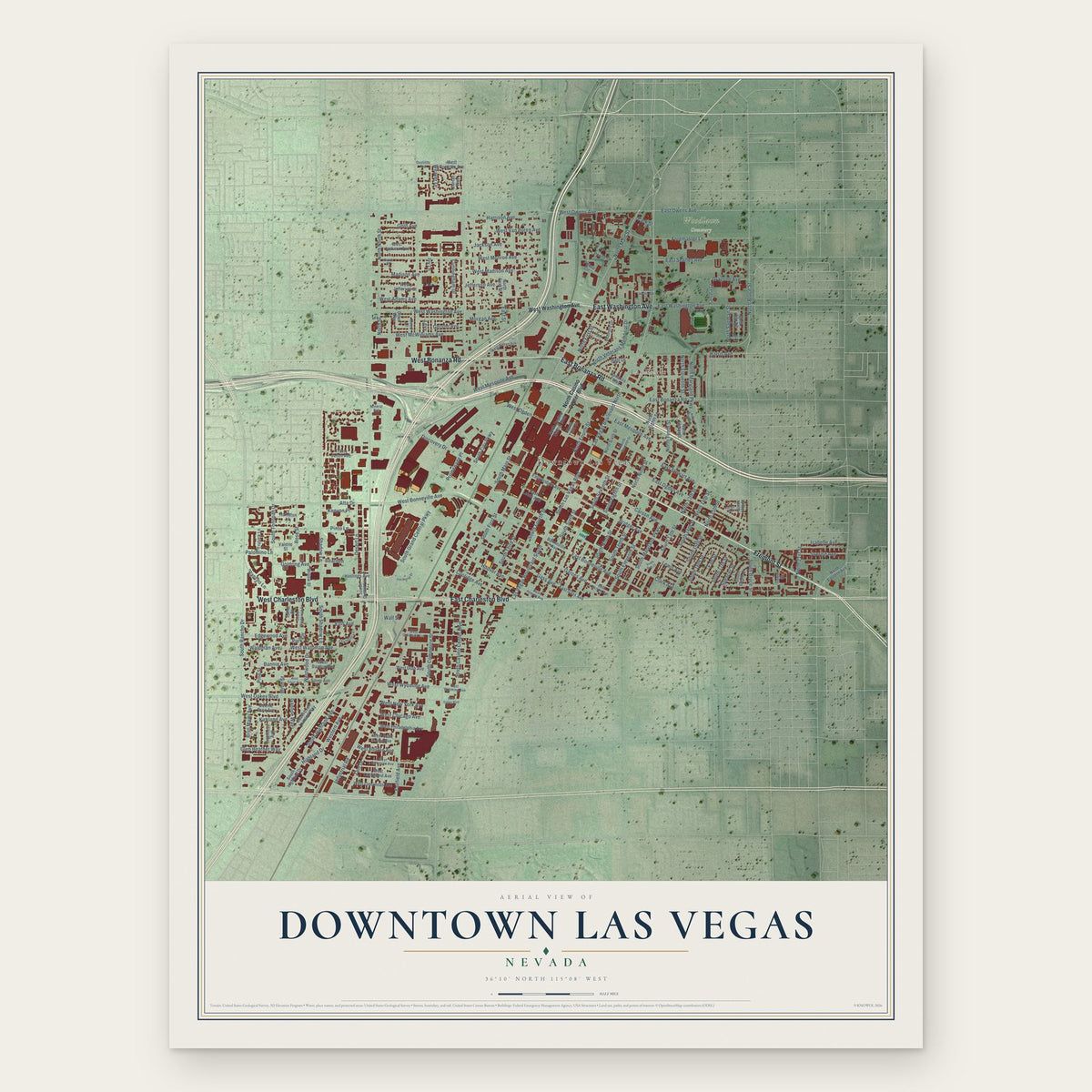 Downtown Las Vegas, Nevada map print, the full design